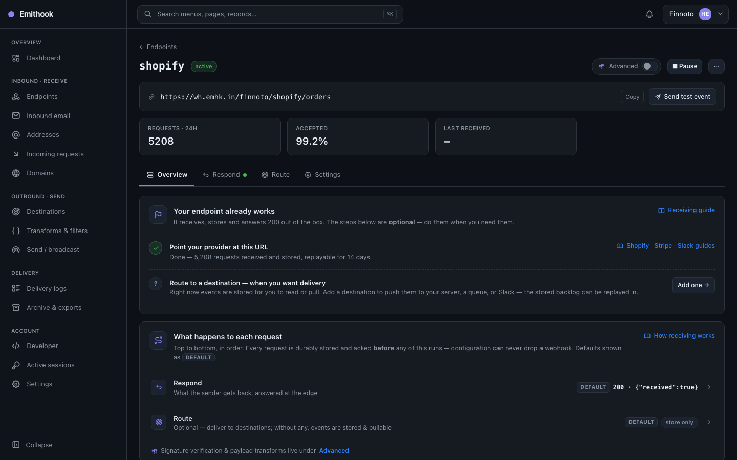 The Emithook console endpoint page in simple mode — provider, secret and destination, nothing else